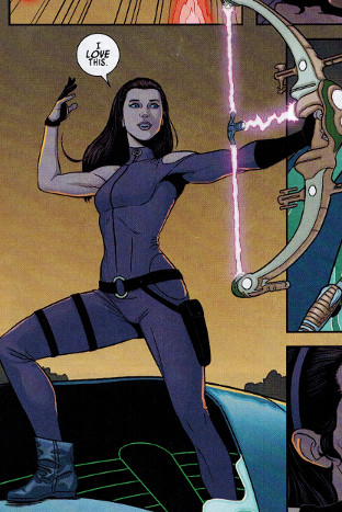 Katella on oma makunsa aseiden suhteen. (Young Avengers 2, Issue #4)