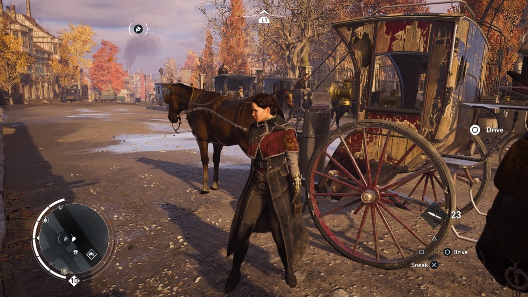 Evie on kova ajamaan hevosvaunuilla, vaunut eivät vaan tahdo sitä kestää. Kuva: Ruutukaappaus pelistä Assassin's Creed® Syndicate (c) Ubisoft