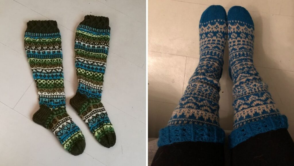 Kuvassa kahdet kirjoneulesukat