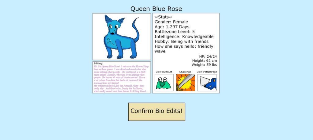 Kuvassa on lemmikkitietokonepelistä sininen lemmikki ja lemmikin tietoja.
