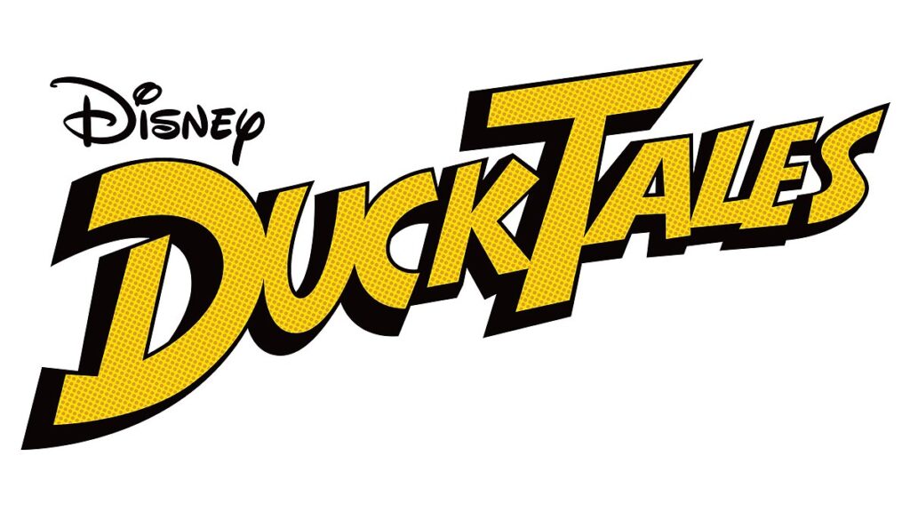 Kuvassa DuckTales -sarjan logo, jossa lukee keltaisilla vahvasti korostetuilla kirjaimilla sarjan nimi.
