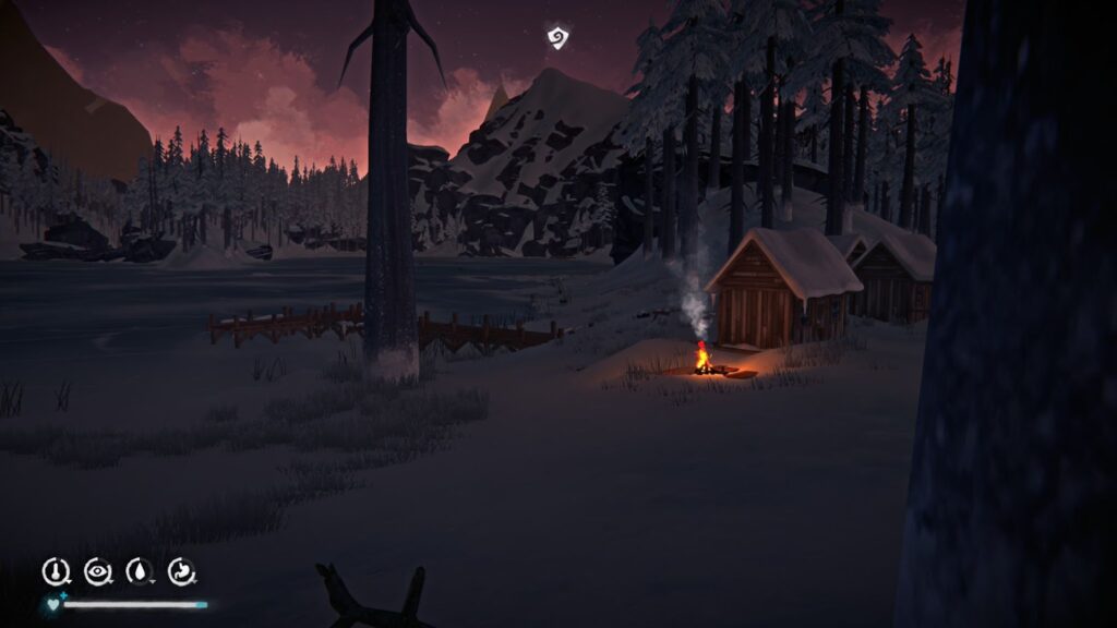 Luminen maisema videopelissä. Ilta on laskeutumassa. Mökin edessä palaa nuotio.