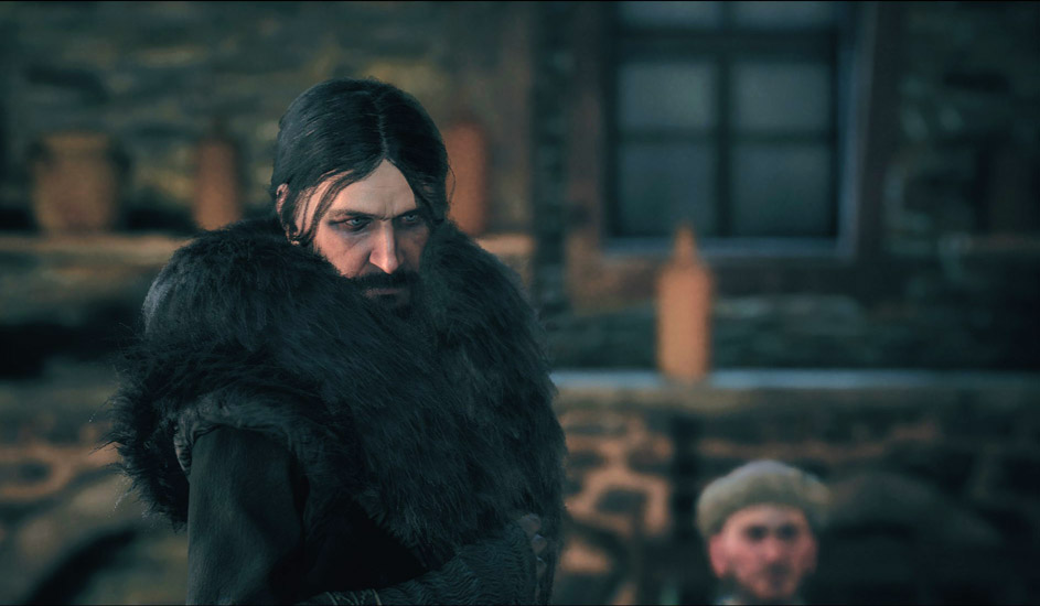 Kuvakaappaus pelistä, jossa sumentunutta taustaa vasten näkyy Rasputin-hahmo mustassa turkiskauluksisessa takissa.