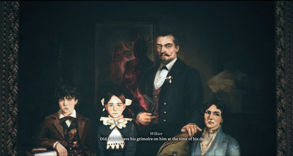 Neljä ihmistä kuvattuna maalauksessa tummaa taustaa vasten.