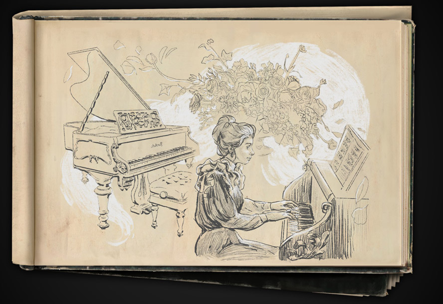 Lyijykynällä tehty piirroskuva, jossa etualalla nainen soittaa pianoa. Hänen takanaan näkyy toinen piano sekä suuri kukka-asetelma.